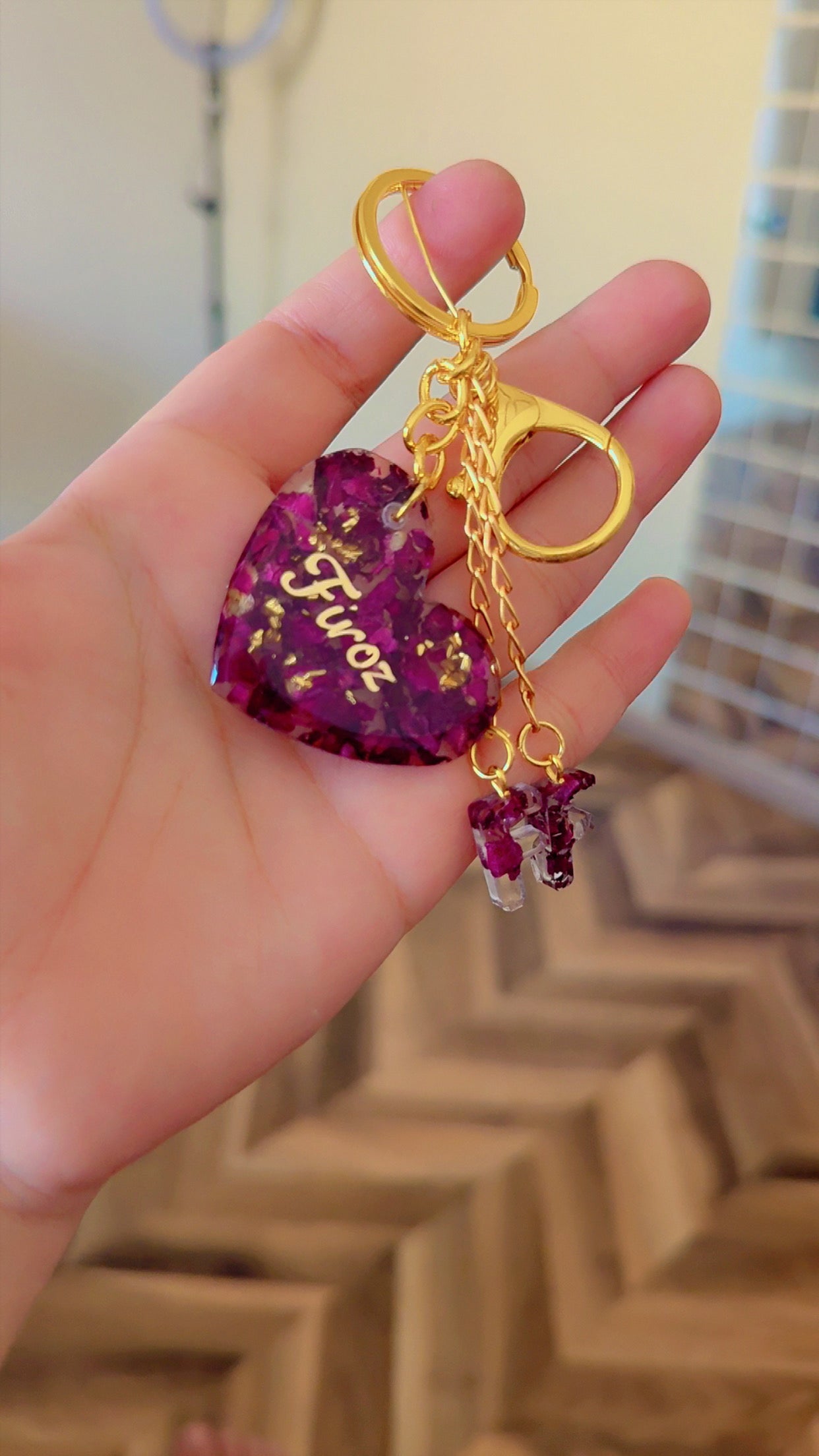 Resin keychain with initials with rose preservation