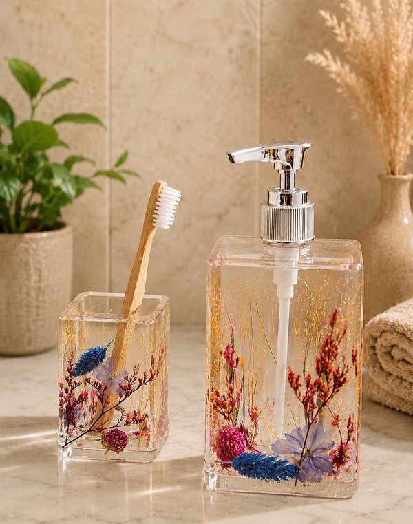Soap dispenser and toothbrush holder combo with real flowers preservation