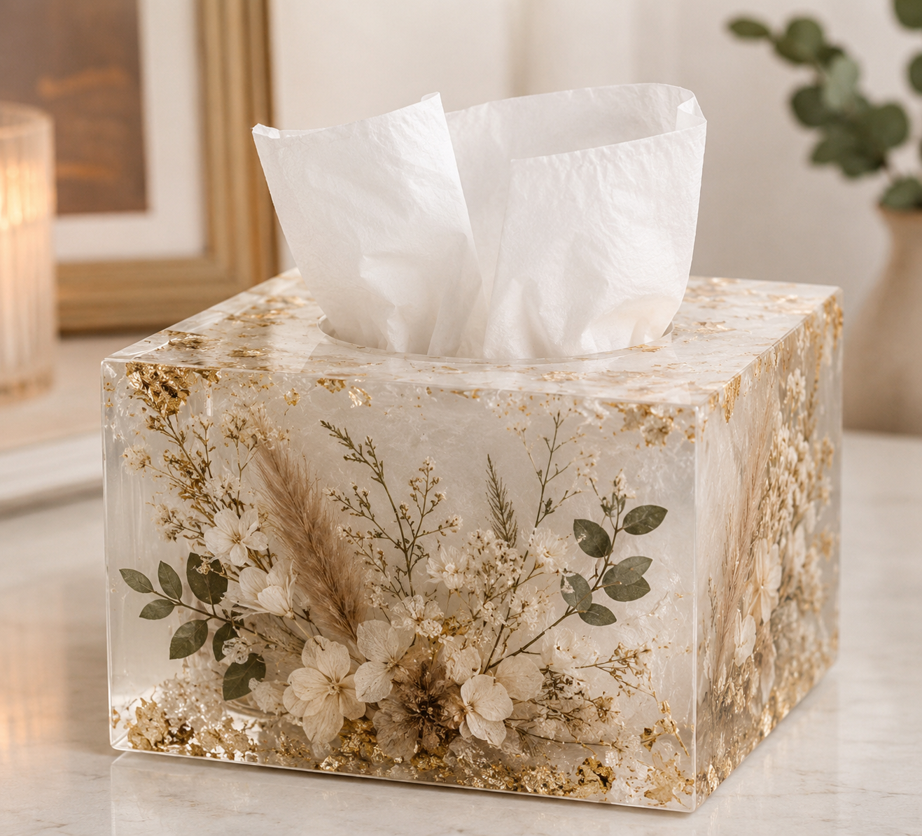 Resin tissue holder with flower preservation (square)